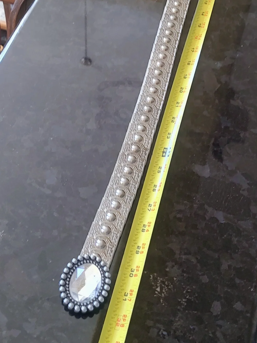 Decorative Silver-Tone Western Belt with Clear Oval Stone -